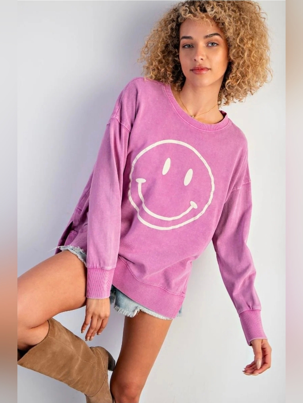 Easel Pink Mineral Wash Smiley Face Pullover | Size S